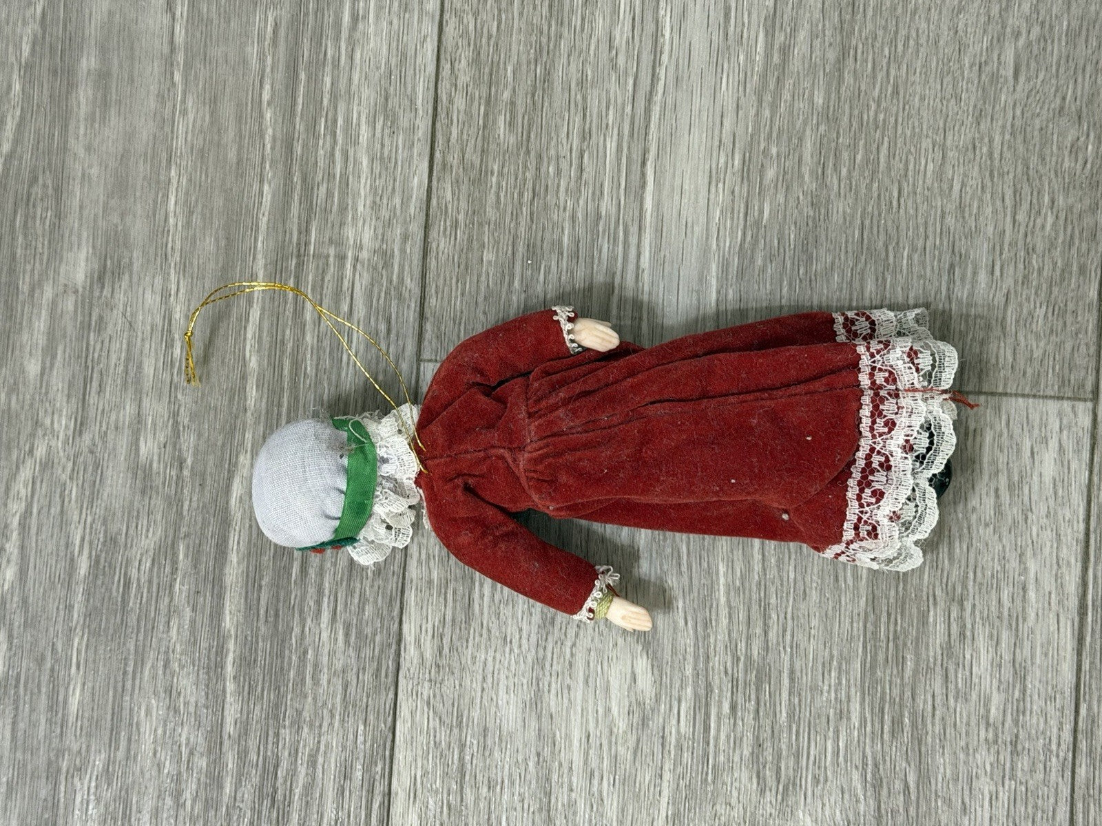 VTG Victorian Style Porcelain Woman Doll Red Velvet Dress/Holly Bonnet Ornament