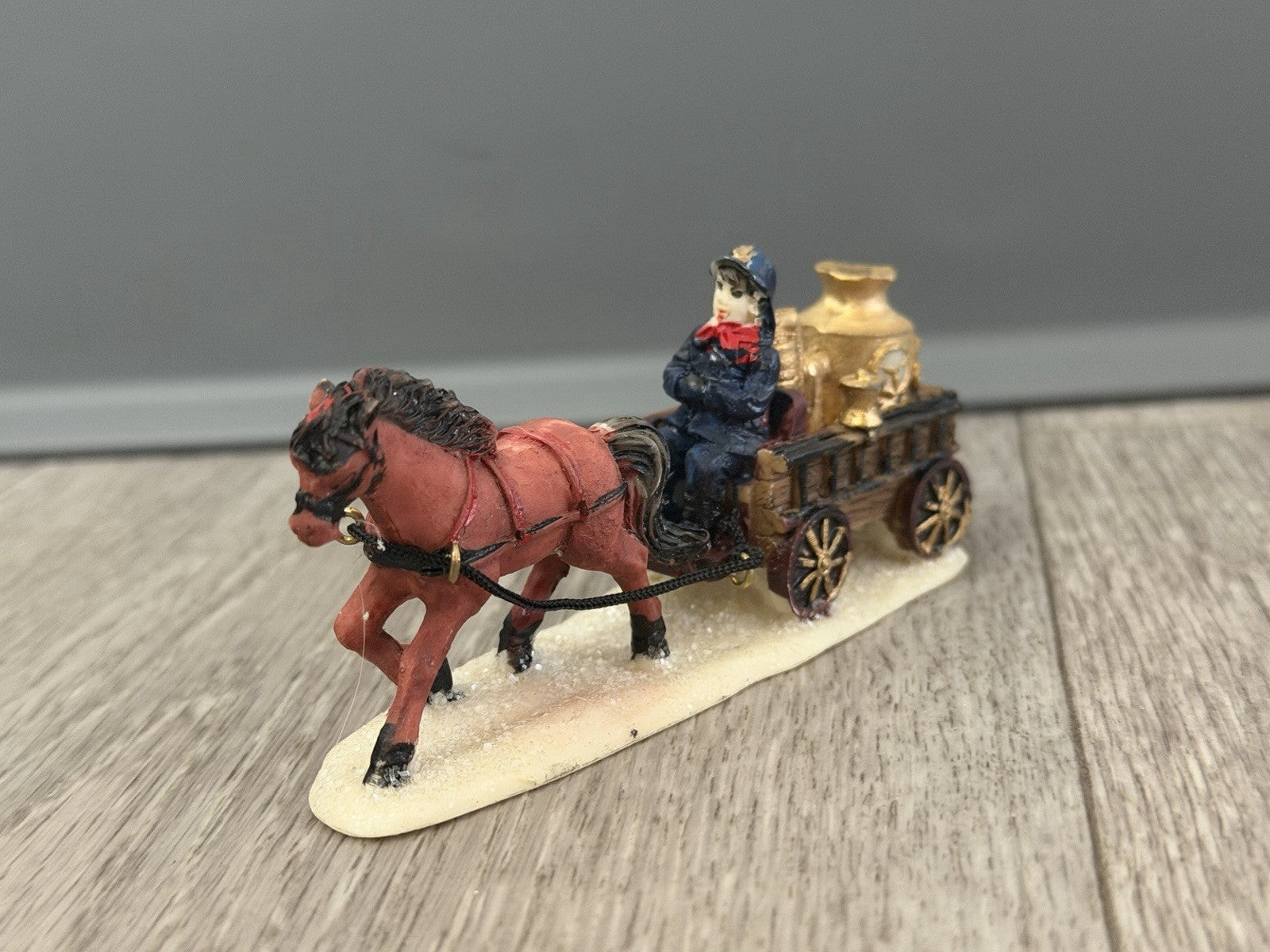 Horse-Drawn Fire Pumper Wagon w/ Firefighter, Vintage Christmas Village Figurine