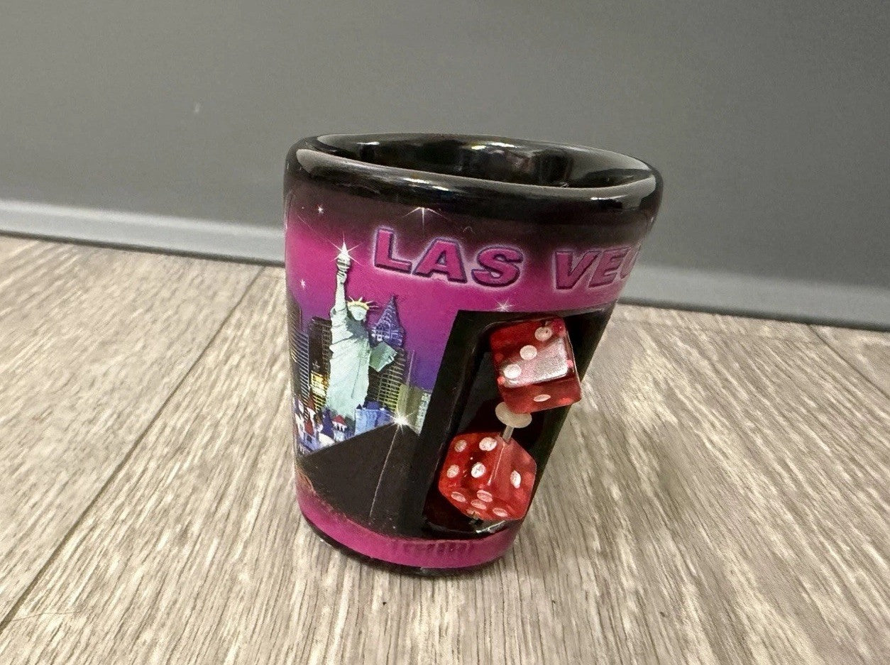 E - Shot Glass - 2.5" Black Las Vegas with inserted Dice