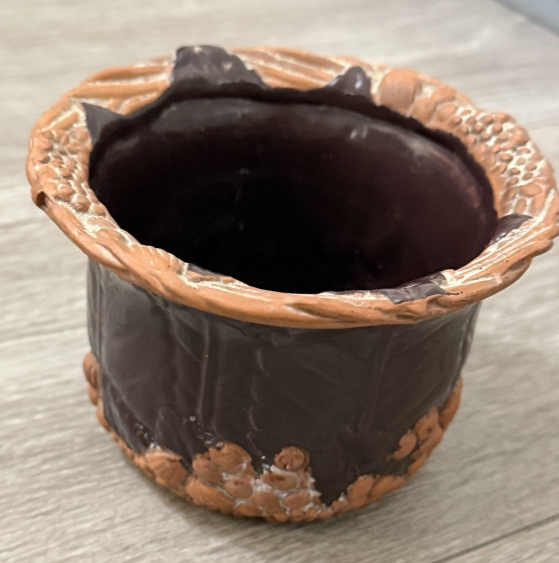 Claire Burke Art Pottery Red Clay Dish Bowl Hand Painted Fruit Grape Design 