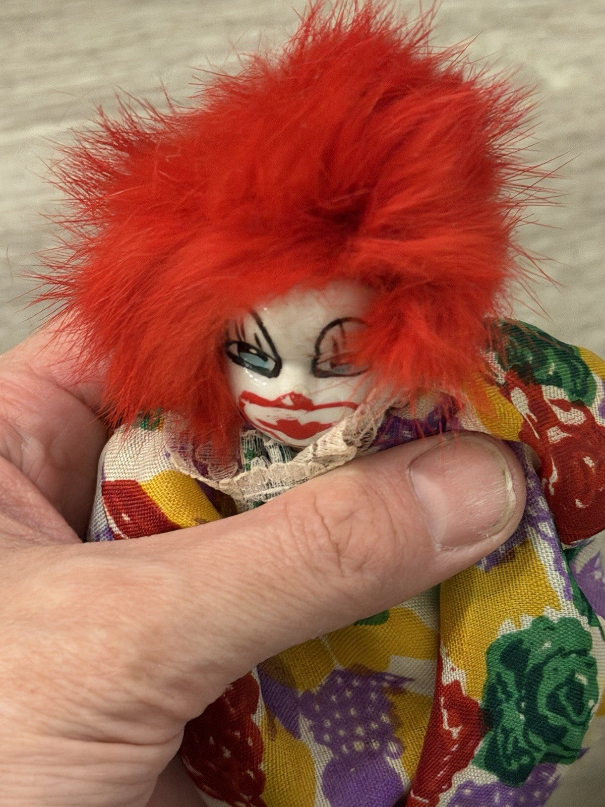 Vintage Imperial Porcelain Face Clown Doll 5” Plush Toy With Wild Red Hair