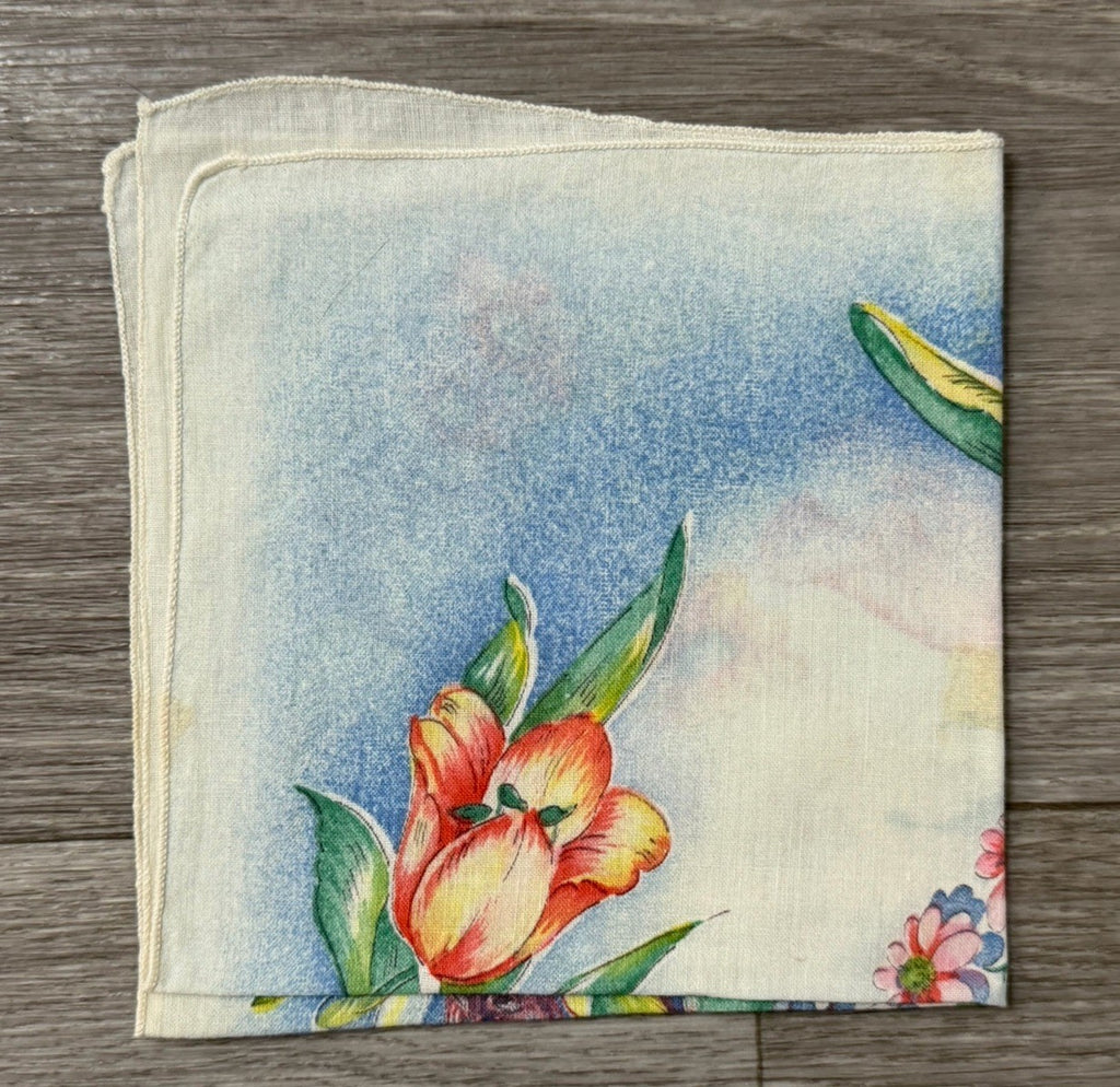 Vintage Beautiful Flowers Spring Easter Handkerchief 10.5” Square