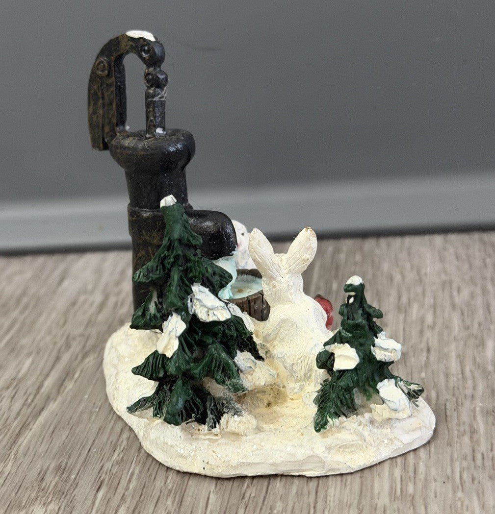 VTG Christmas Village Figurine Water Pump Bunnies Cardinal Bird Resin Snow