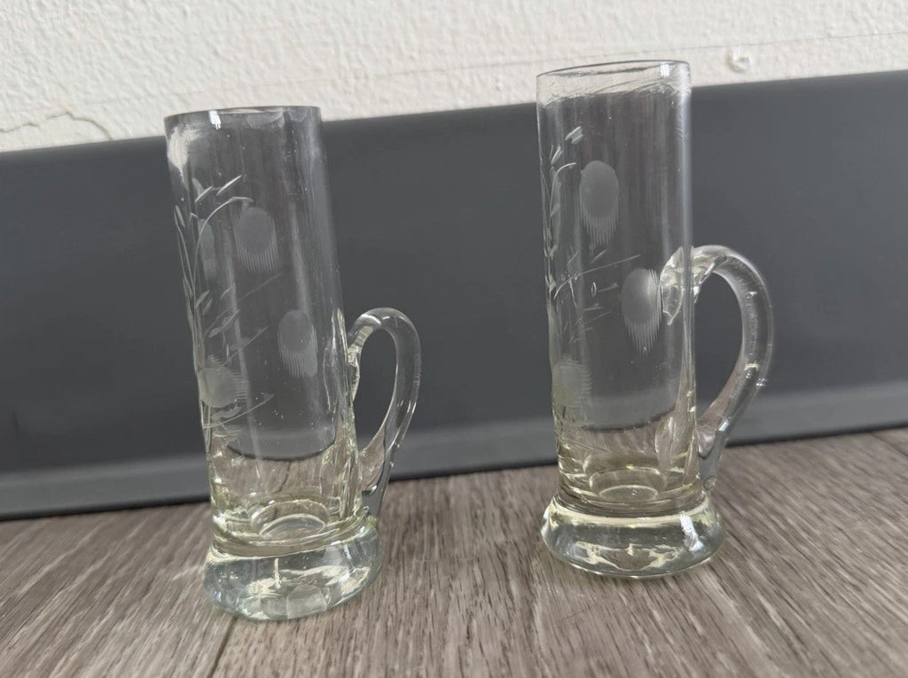 Shot Sake Liqueur Pair Glasses Japanese Etched Plant w/ Handles Vintage CHIPPED