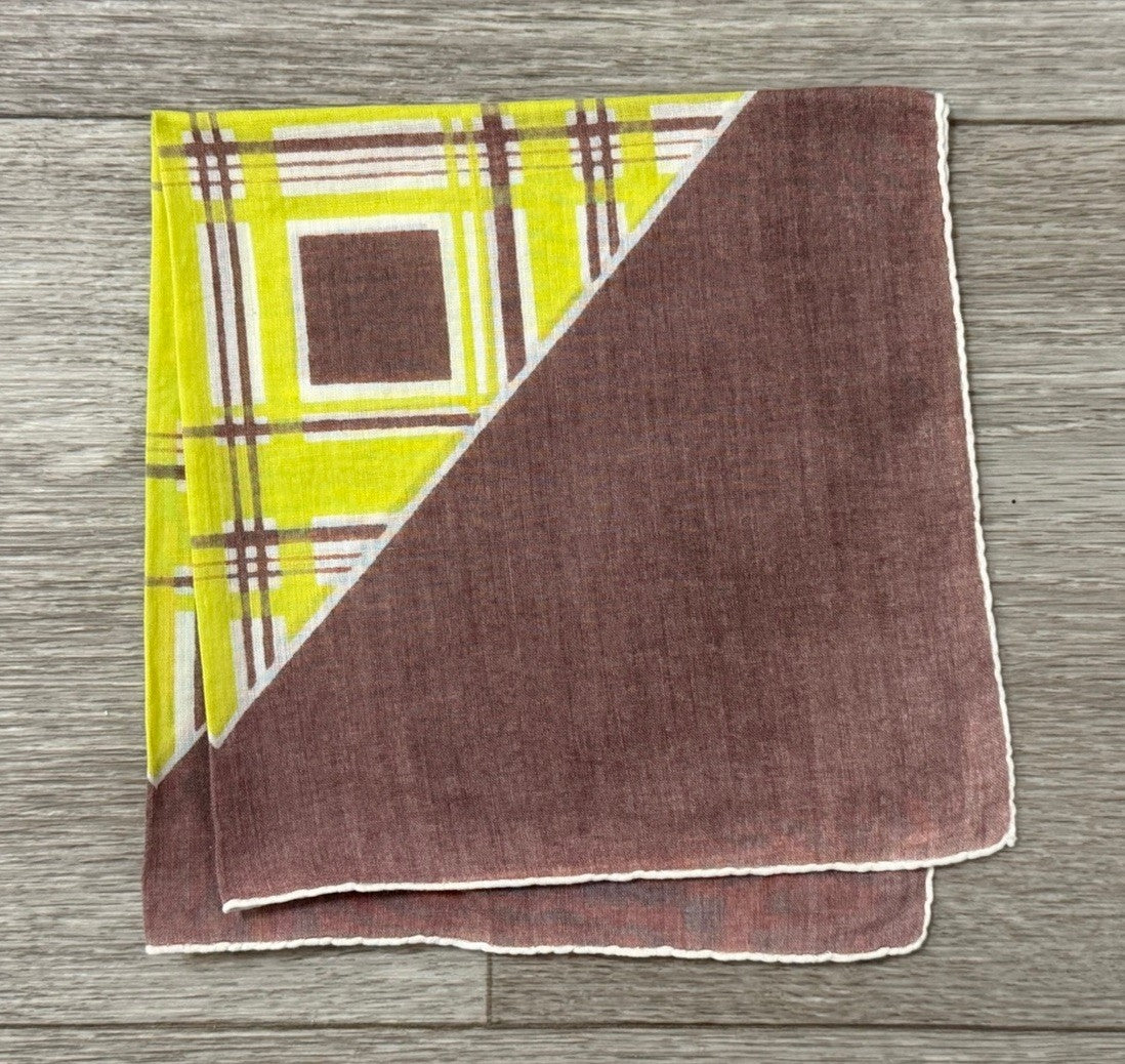 Vintage 1960s Mod Handkerchief W/ Geometric Pattern Bright Green & Brown Hanky