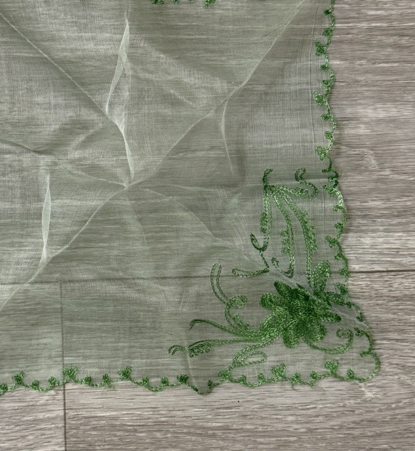 Vintage Green Needle Run Lace Hanky Handkerchief Floral