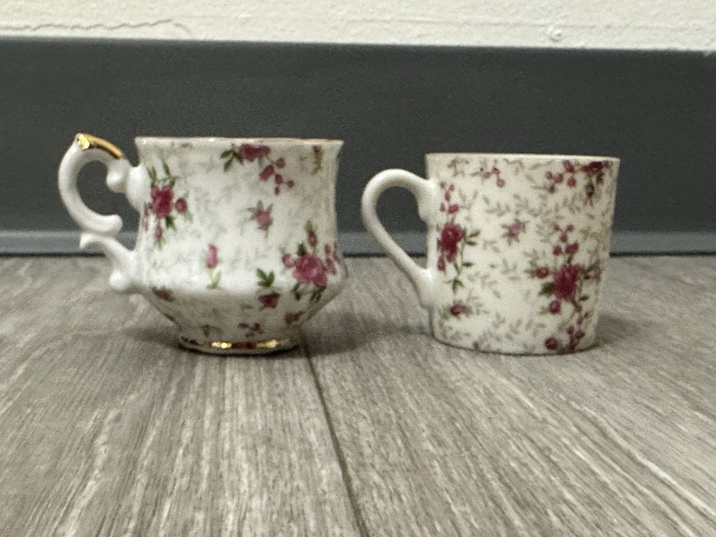 Pair of Vintage Child - Size Lefton & Companion Demitasse Teacups - Hand Painted