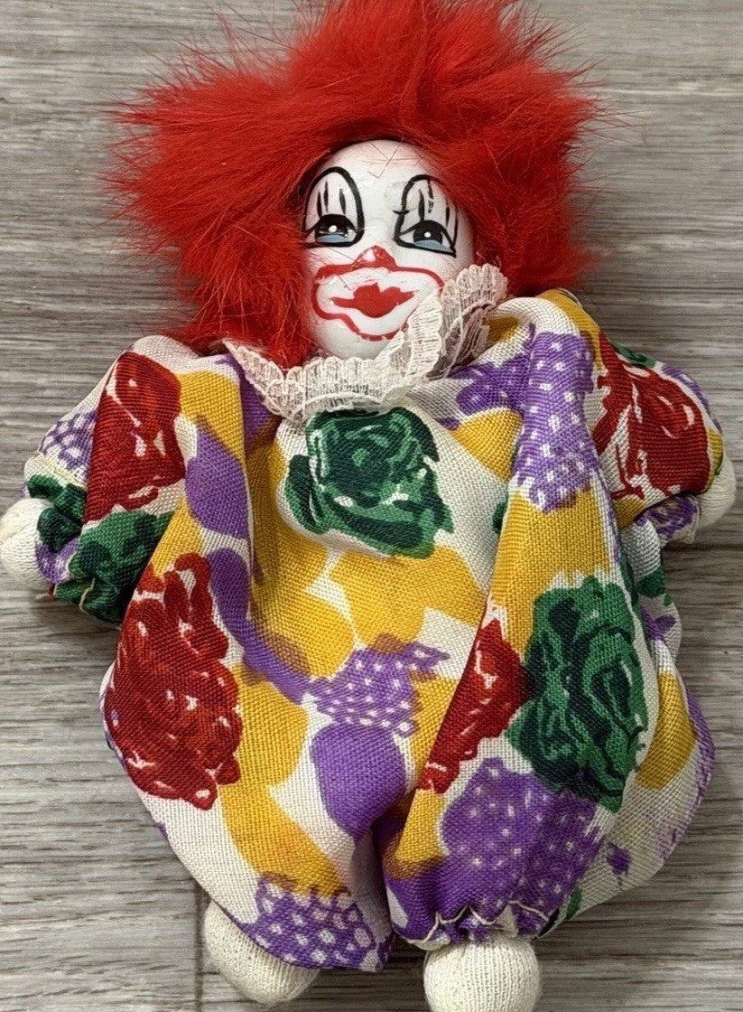 Vintage Imperial Porcelain Face Clown Doll 5” Plush Toy With Wild Red Hair