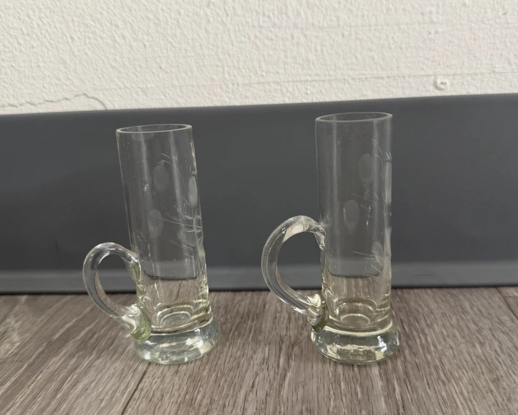 Shot Sake Liqueur Pair Glasses Japanese Etched Plant w/ Handles Vintage CHIPPED