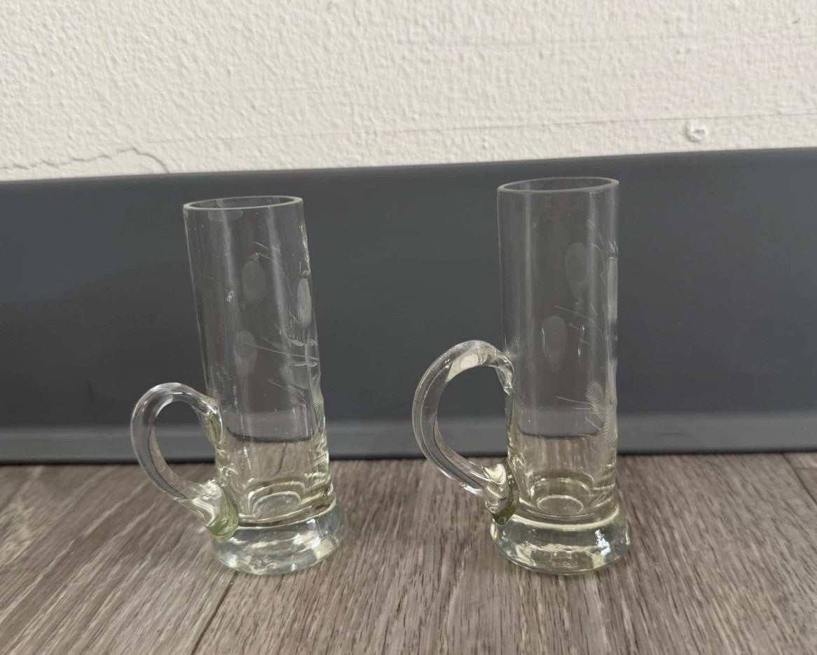 Shot Sake Liqueur Pair Glasses Japanese Etched Plant w/ Handles Vintage CHIPPED