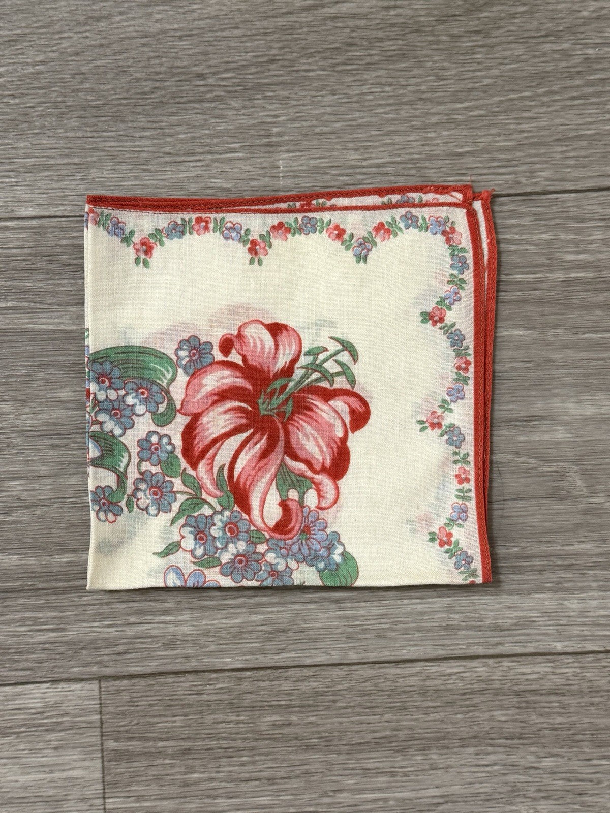 Vintage Red Lily Floral & Blue Forget-Me-Nots Handkerchief Hanky Flowers 10.75"