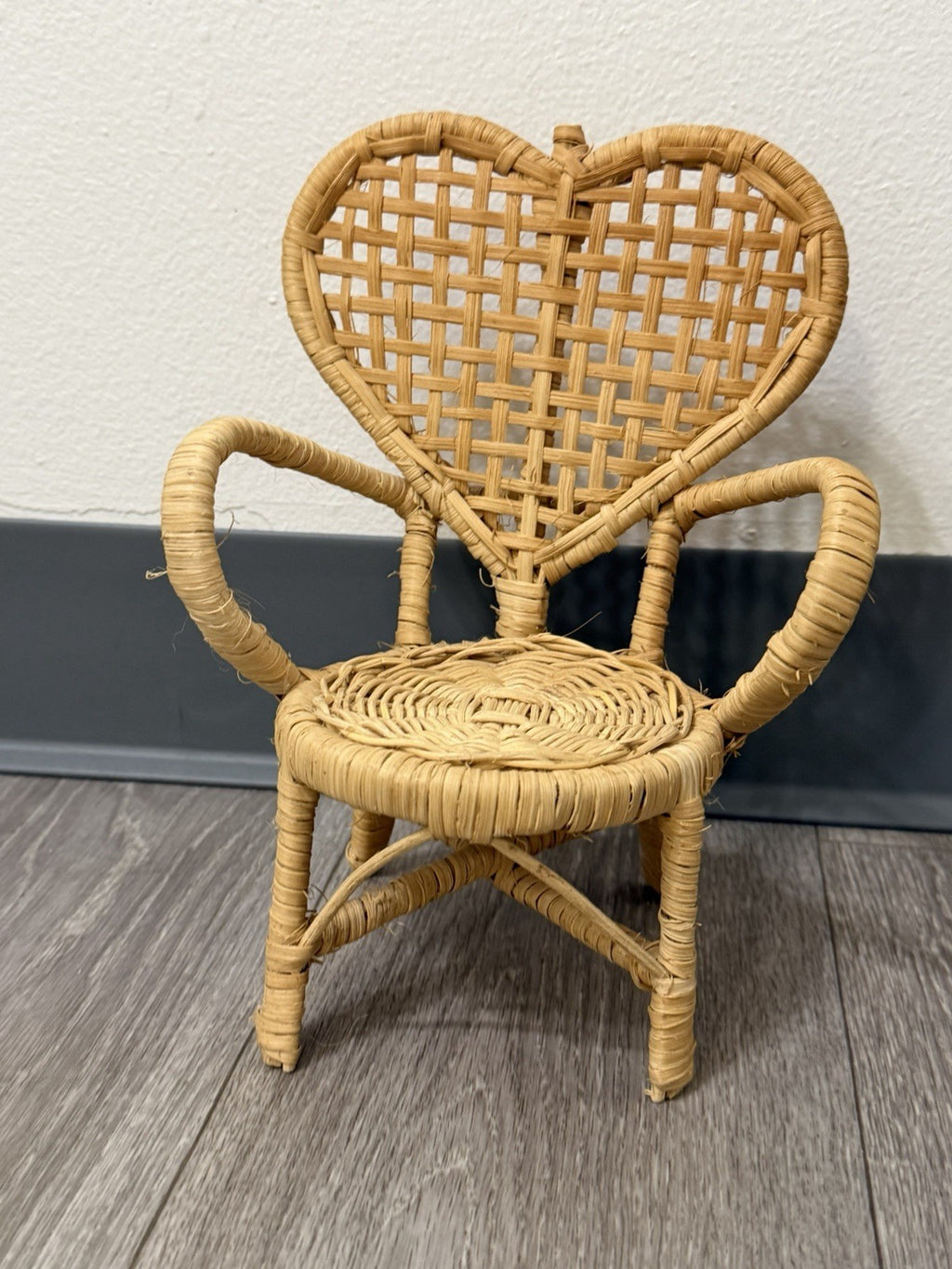Vintage Cute Heart Wicker Doll, Bear Plush, Chair 9.5" Tall