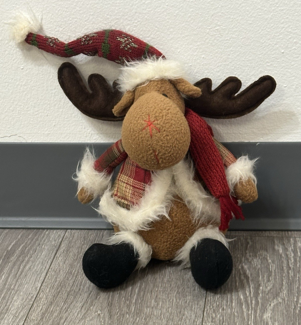 Vintage Reindeer Plush Toy with Red Scarf - Cute Stuffed Christmas Animal