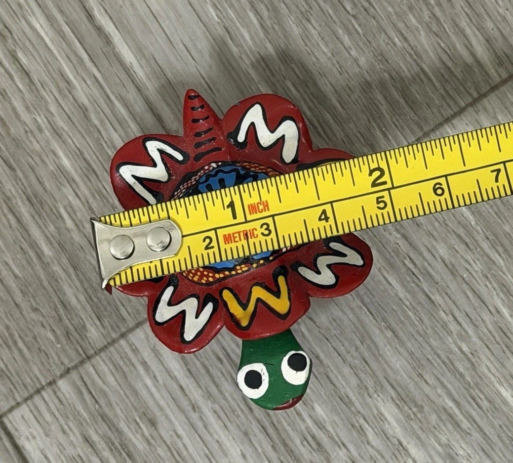 Vintage Nodder Bobble Head Turtle Hand Painted Mexico Folk Art RED Blue
