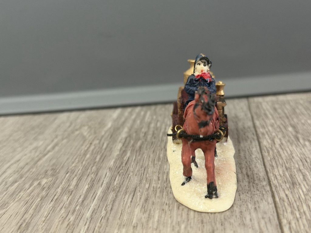 Horse-Drawn Fire Pumper Wagon w/ Firefighter, Vintage Christmas Village Figurine