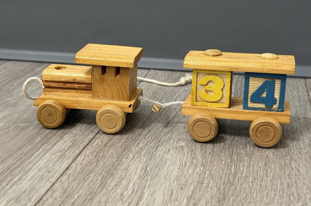 VINTAGE HAND MADE WOODEN TRAIN & CAR WITH BLOCKS STURDY Pull Toy