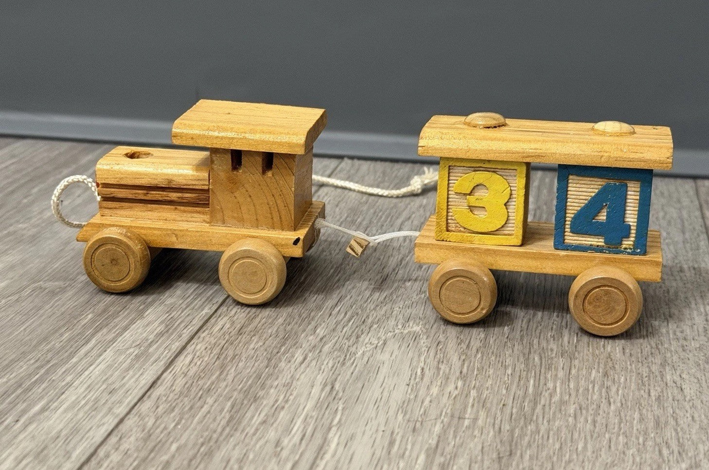 VINTAGE HAND MADE WOODEN TRAIN & CAR WITH BLOCKS STURDY Pull Toy