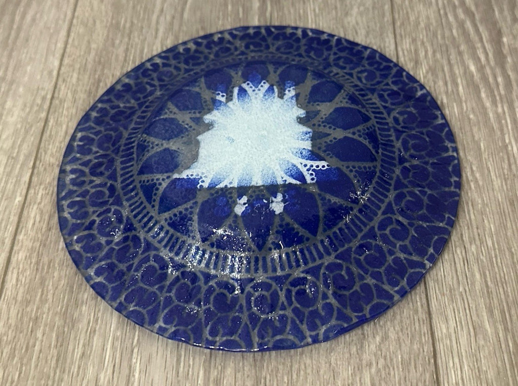 SYDENSTRICKER FUSED ART GLASS HOUSE HOME 38-88 PLATE DISH BLUE