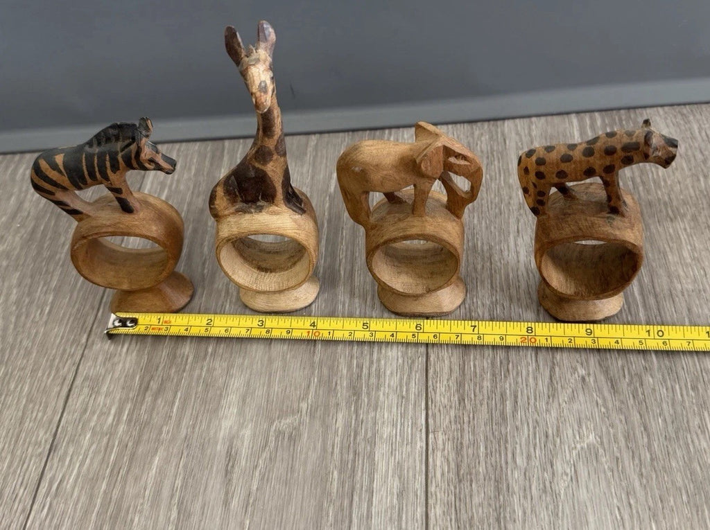 Vintage set of 4 Hand Carved Wooden African Safari Animal Napkin Ring Holders