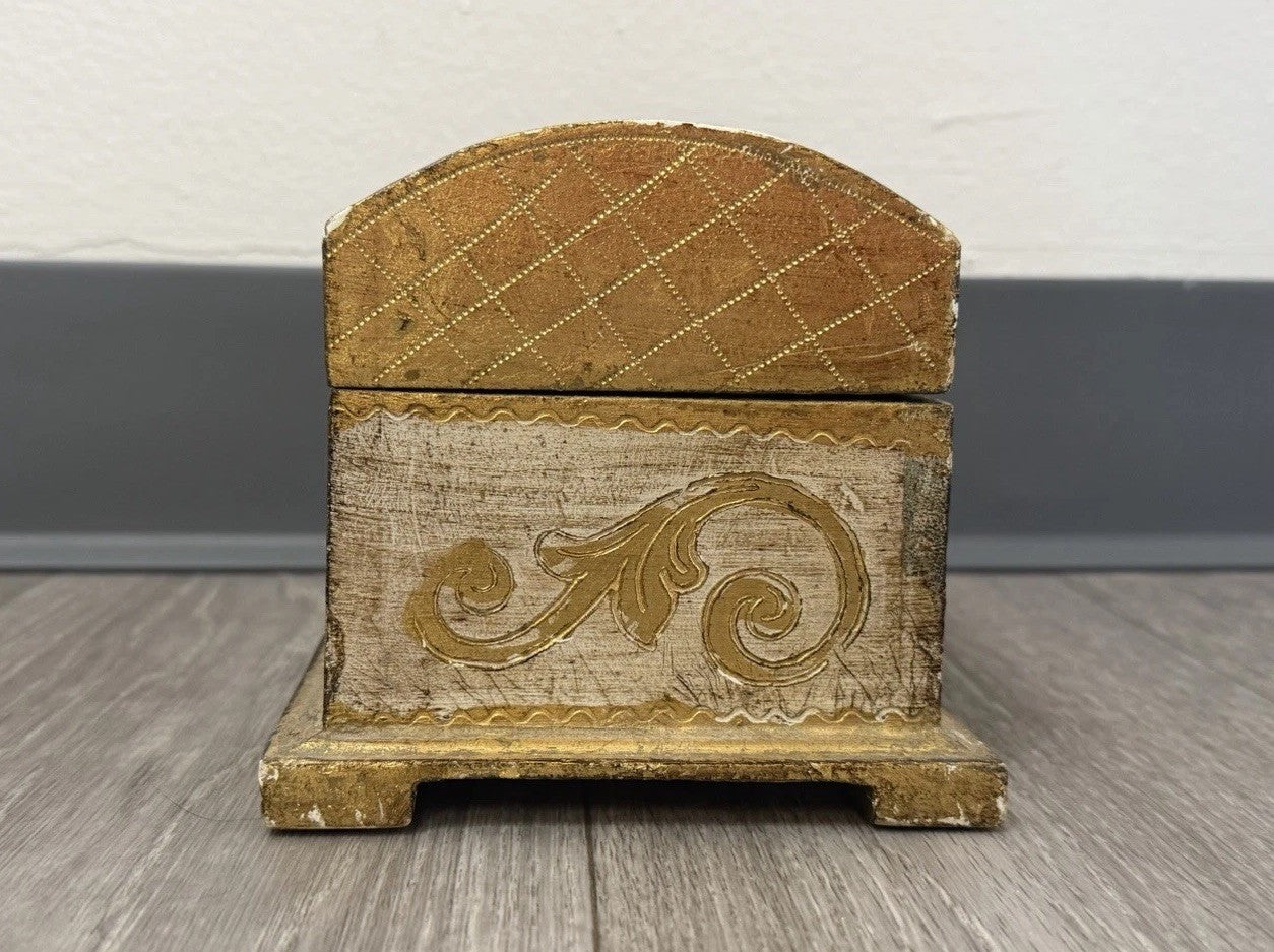 Vintage Domed Wood Gold Gilt Italian Florentine Footed Trinket Box 8”x5”x4.75”