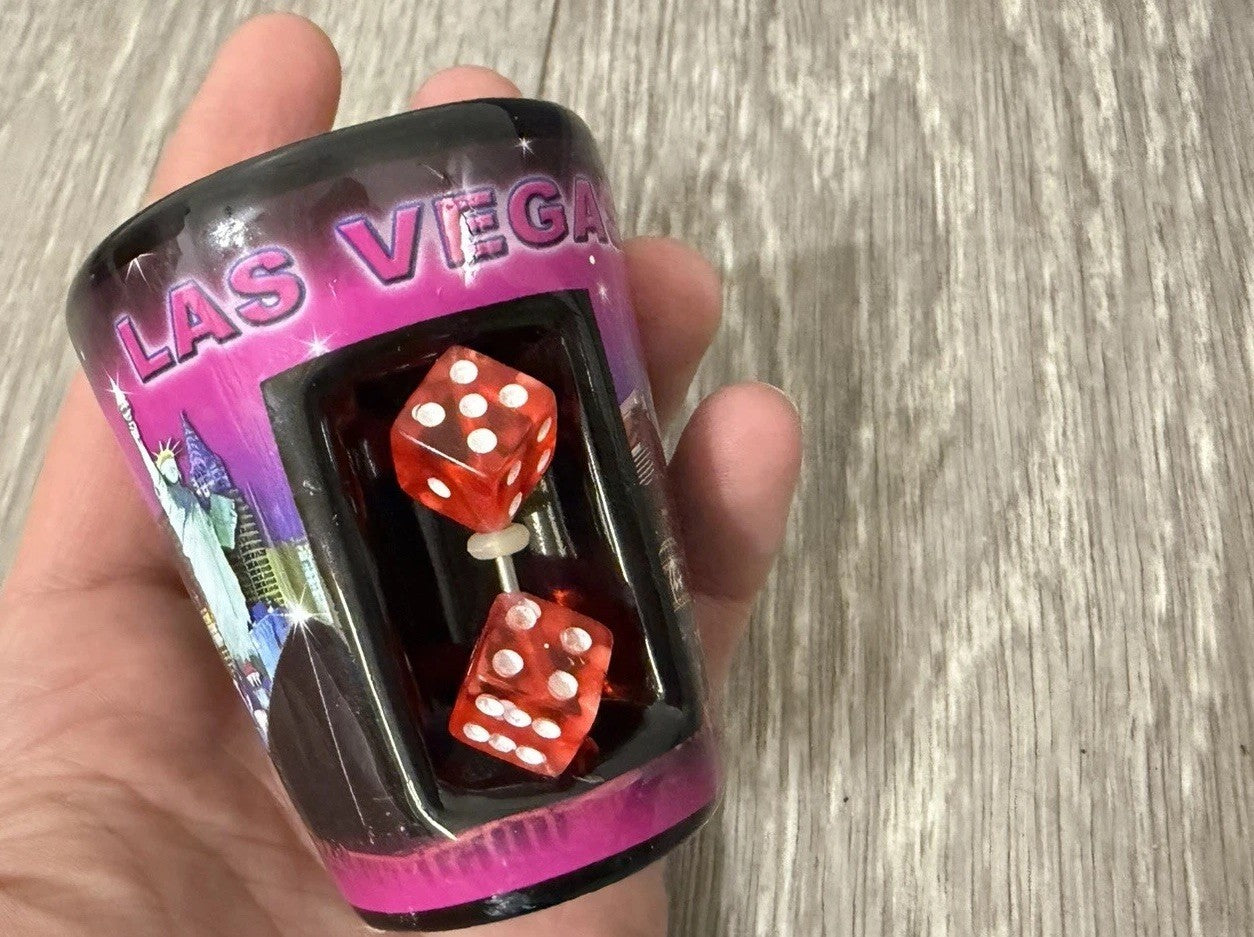 E - Shot Glass - 2.5" Black Las Vegas with inserted Dice