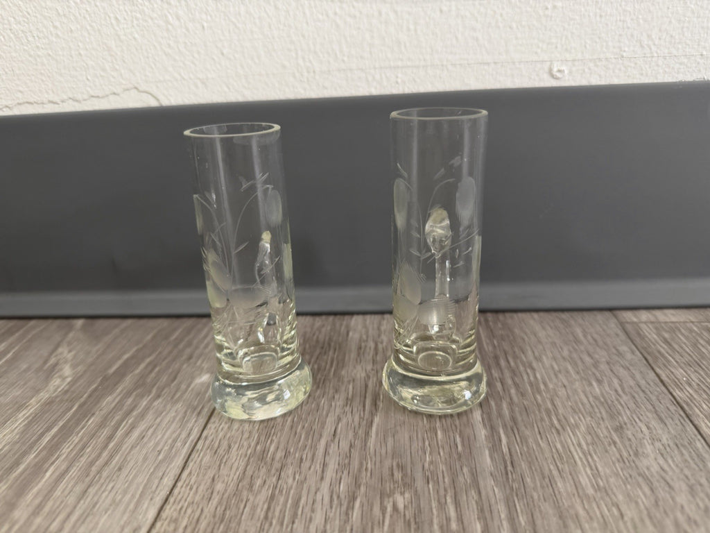 Shot Sake Liqueur Pair Glasses Japanese Etched Plant w/ Handles Vintage CHIPPED
