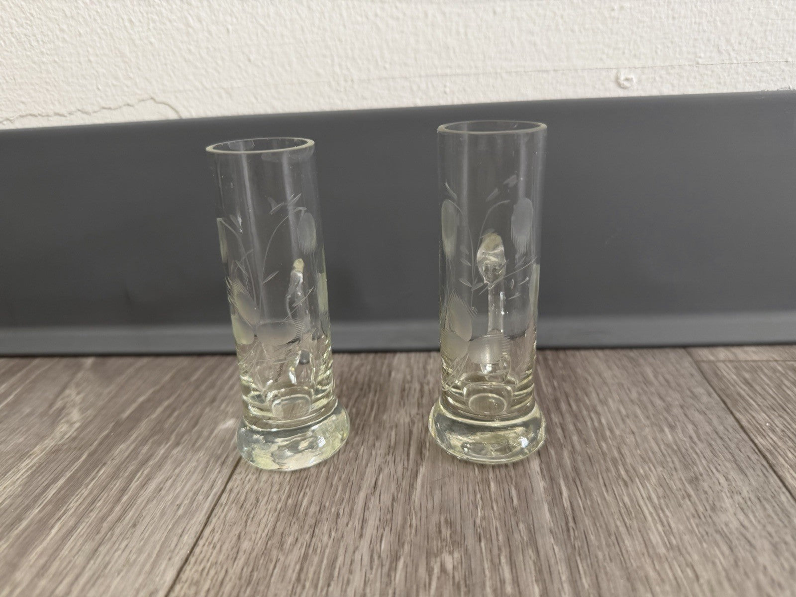 Shot Sake Liqueur Pair Glasses Japanese Etched Plant w/ Handles Vintage CHIPPED