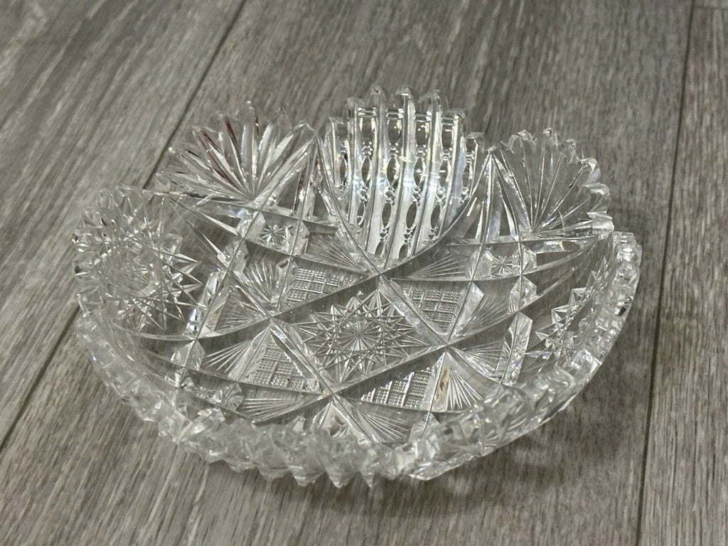 VNT Brilliant Cut Crystal Sawtooth Edge Low Bowl 6” -  Geometric Pattern