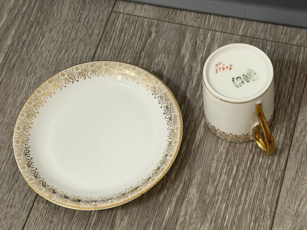 Small Size Antique CT Altwasser Germany Porcelain Tea Cup & Saucer Set Gold Trim