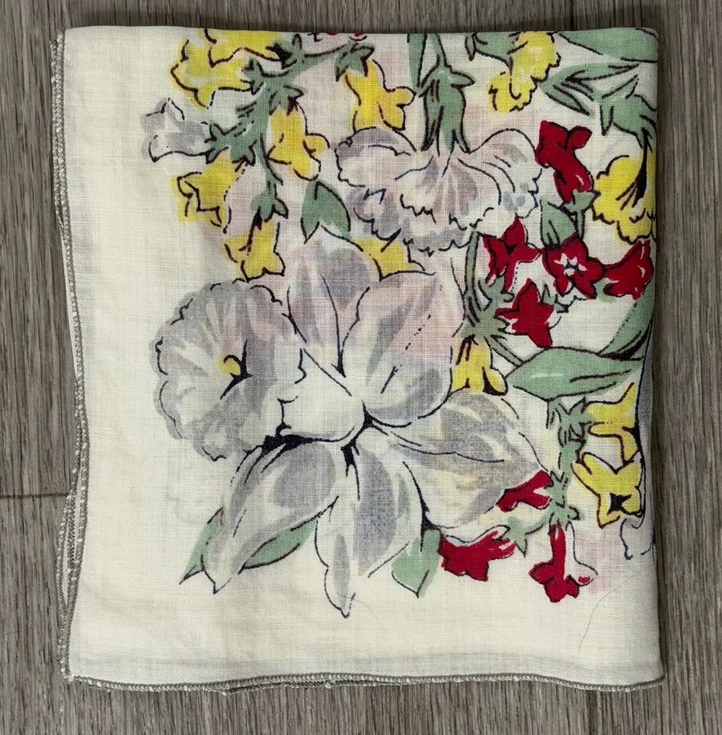 Womens Vintage Boho Floral Easter Spring Flowers Hankie, Handkerchief 11.5 X 11”