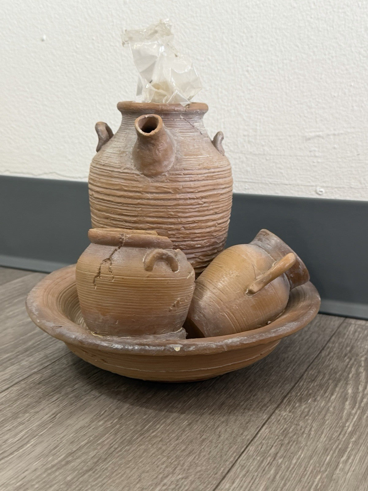 Tabletop Water Fountain Rustic Faux Pottery Sculpture– Folk Art Decor
