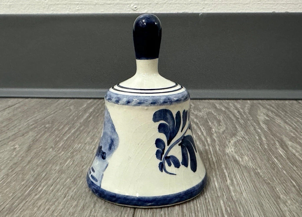 Vintage DELFTt Holland Blue and White Hand-Painted Windmill Leaf Bell 3”
