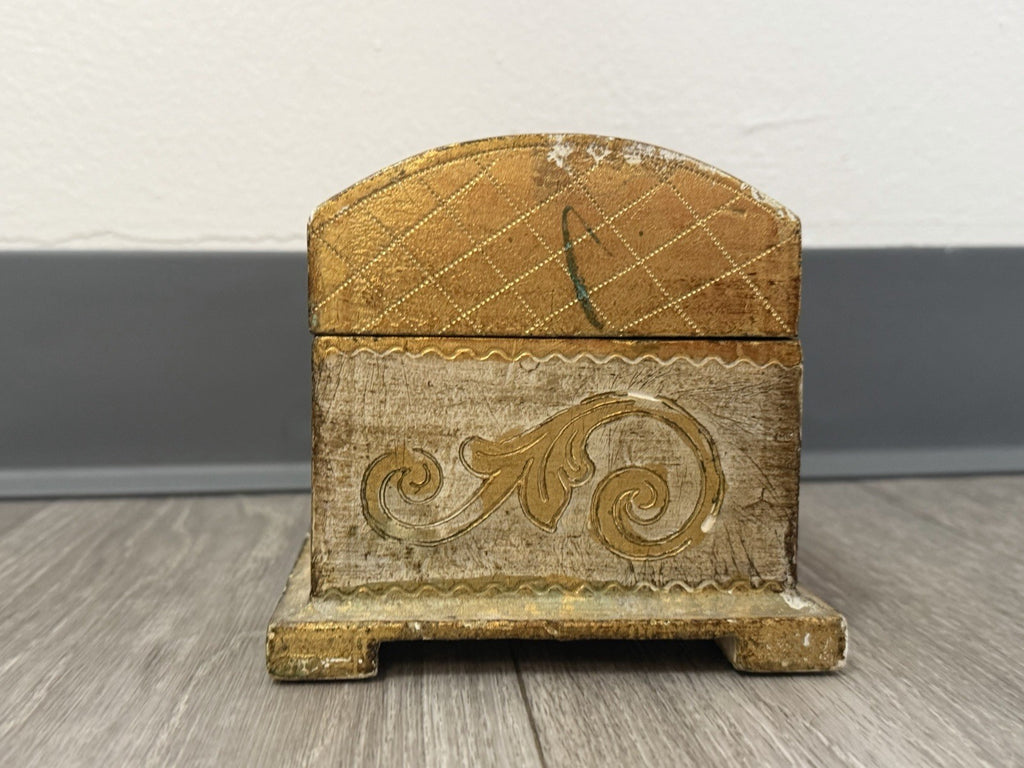 Vintage Domed Wood Gold Gilt Italian Florentine Footed Trinket Box 8”x5”x4.75”