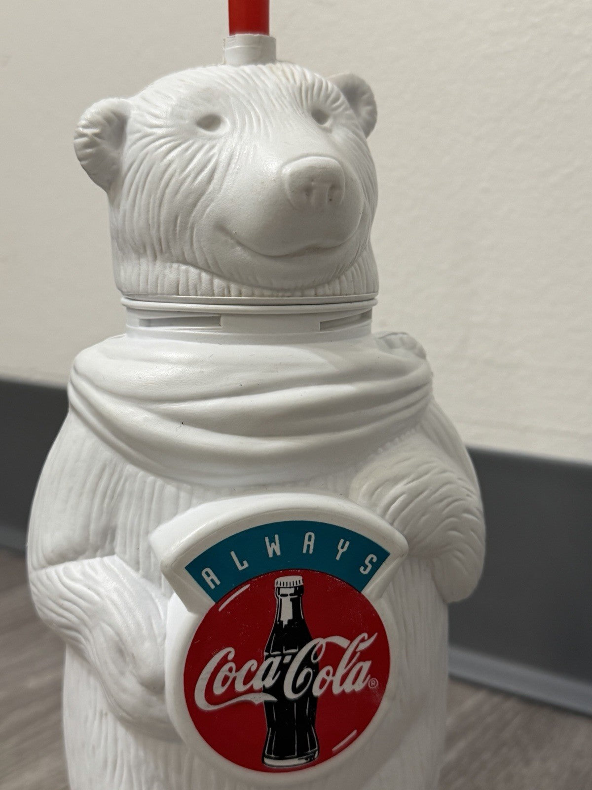 Vintage Coca Cola Polar Bear Water Bottle w/ Red Straw 