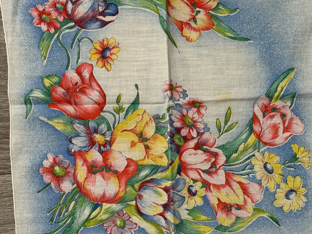Vintage Beautiful Flowers Spring Easter Handkerchief 10.5” Square