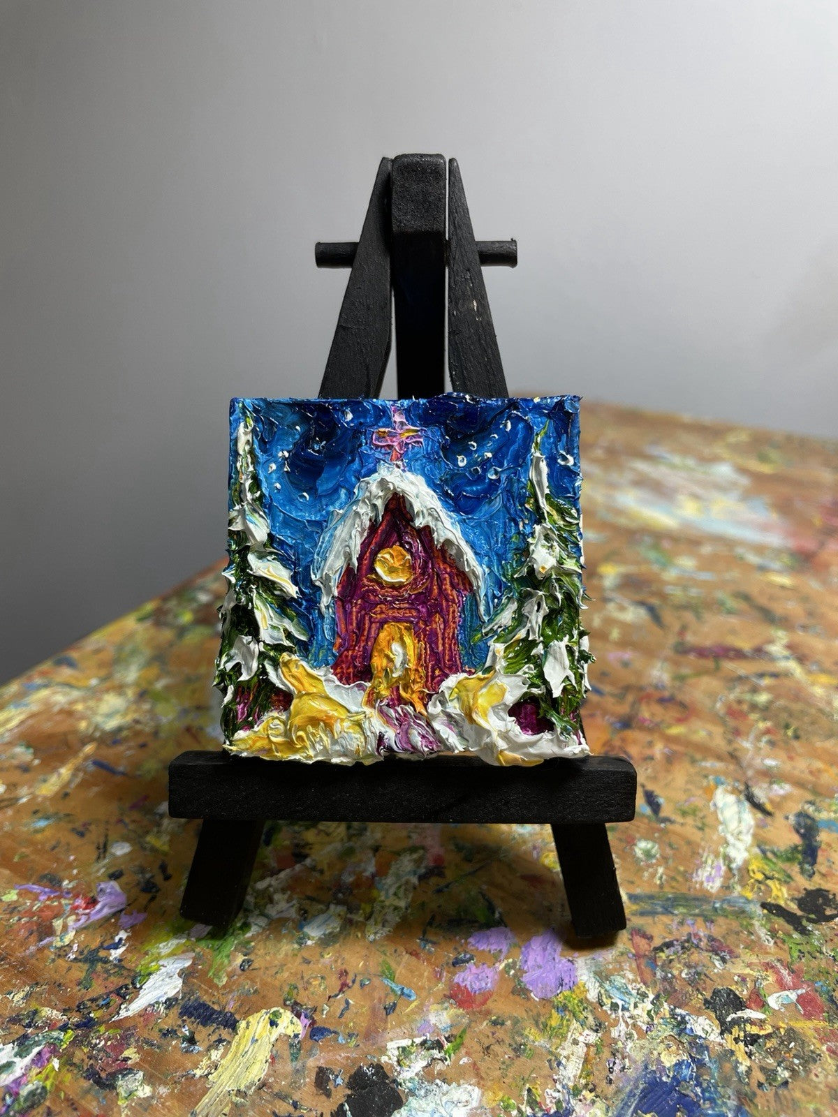 ‘Church In The wild Woods’ New mini oil painting original By Paris Llanso 2x2”