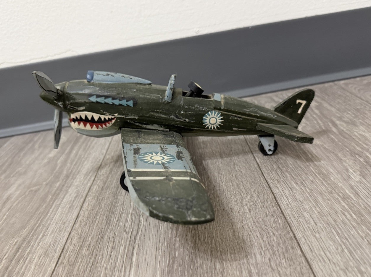 Vintage Green Plane  Shark Wooden Decorative Toy Missing Propeller Wood Airplane