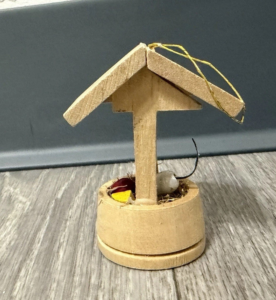Vintage Wood Wishing Well Christmas Ornament With Mouse Cheese And Apple