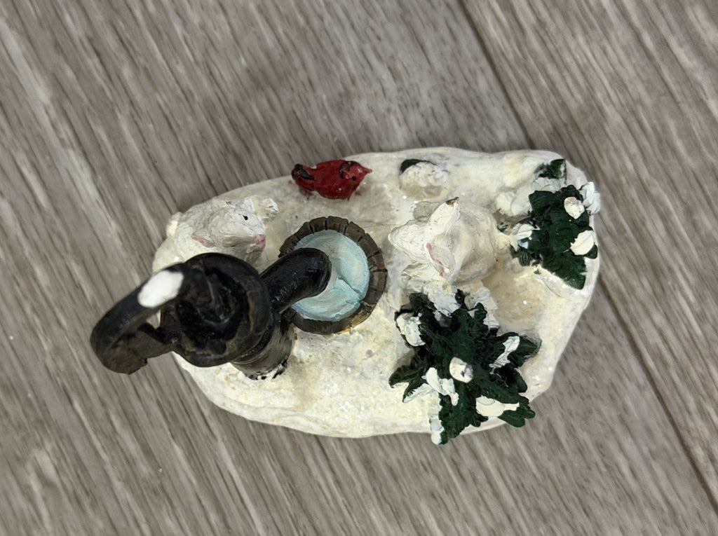 VTG Christmas Village Figurine Water Pump Bunnies Cardinal Bird Resin Snow