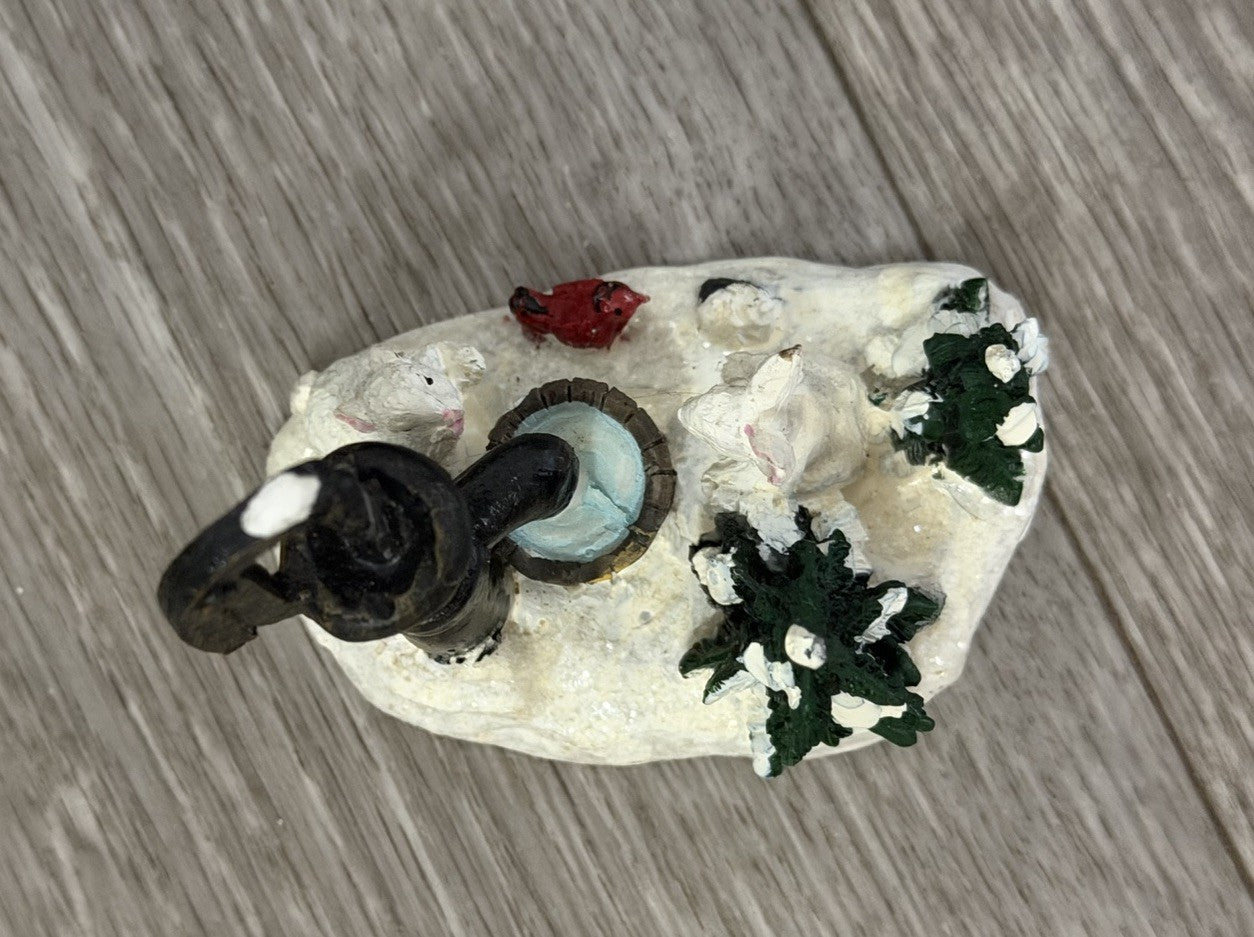 VTG Christmas Village Figurine Water Pump Bunnies Cardinal Bird Resin Snow