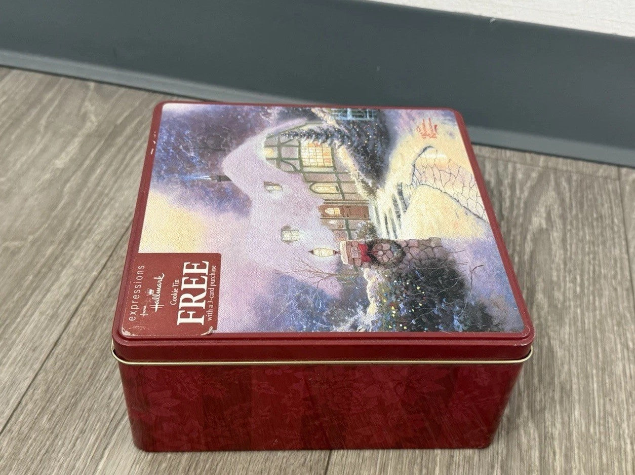 Hallmark/Kroger Thomas Kinkade Maroon/Gold Scenic Square Metal Tin, 7.5x7.5”