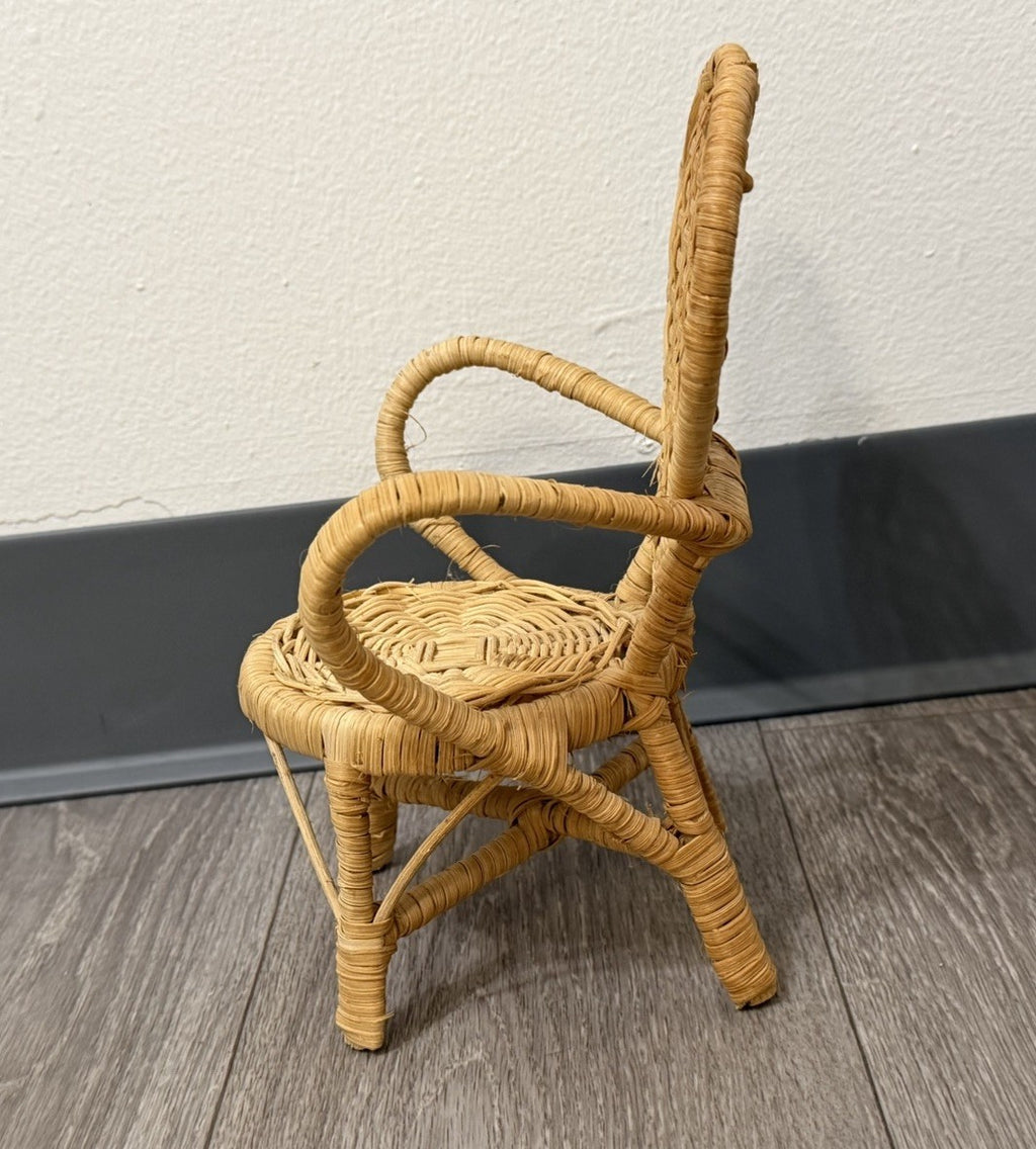 Vintage Cute Heart Wicker Doll, Bear Plush, Chair 9.5" Tall