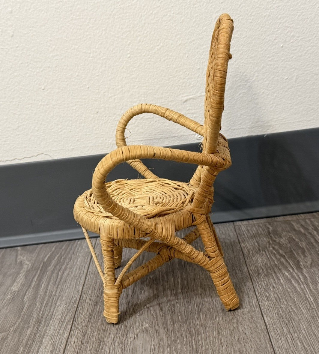 Vintage Cute Heart Wicker Doll, Bear Plush, Chair 9.5" Tall