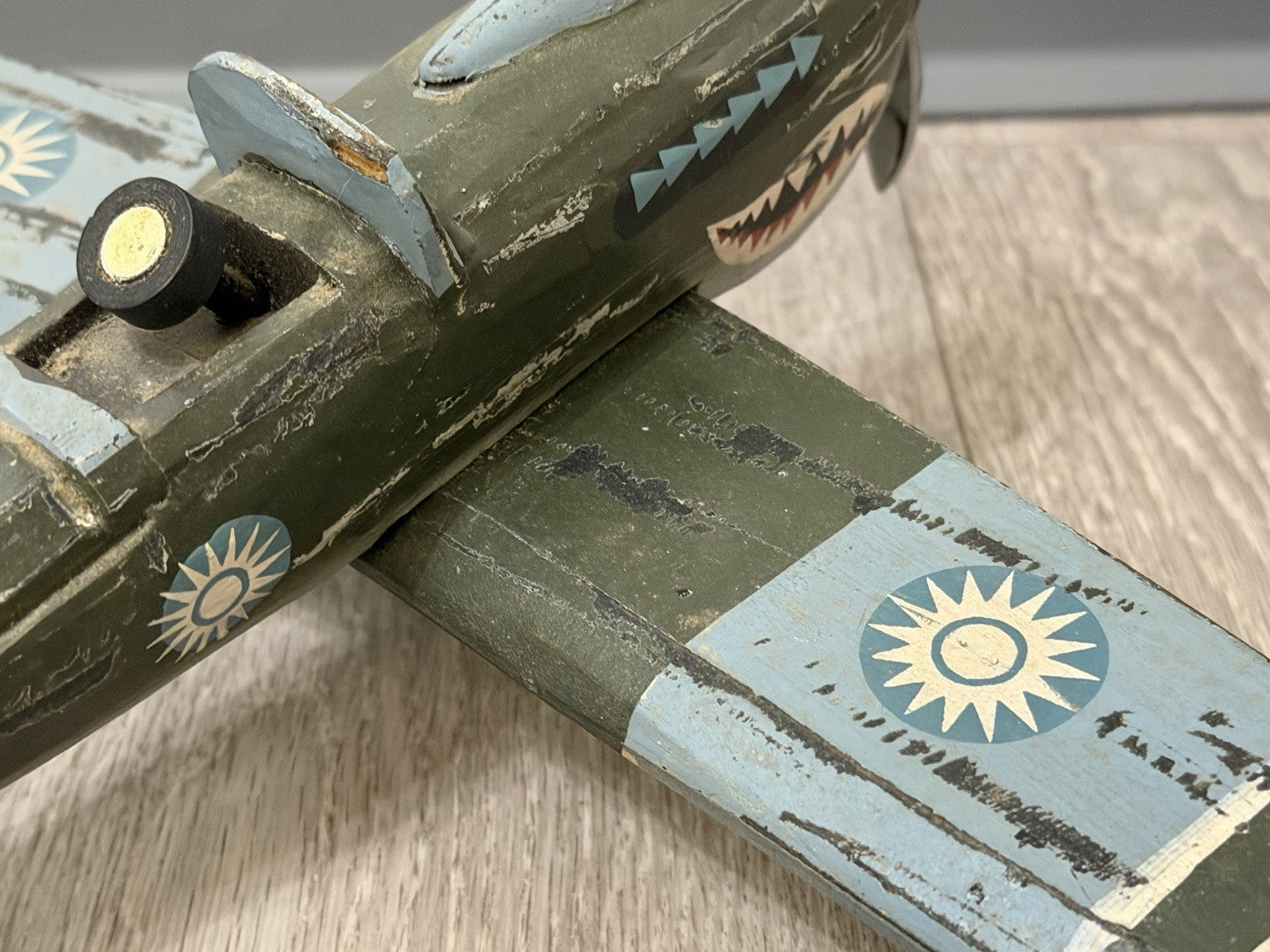 Vintage Green Plane  Shark Wooden Decorative Toy Missing Propeller Wood Airplane