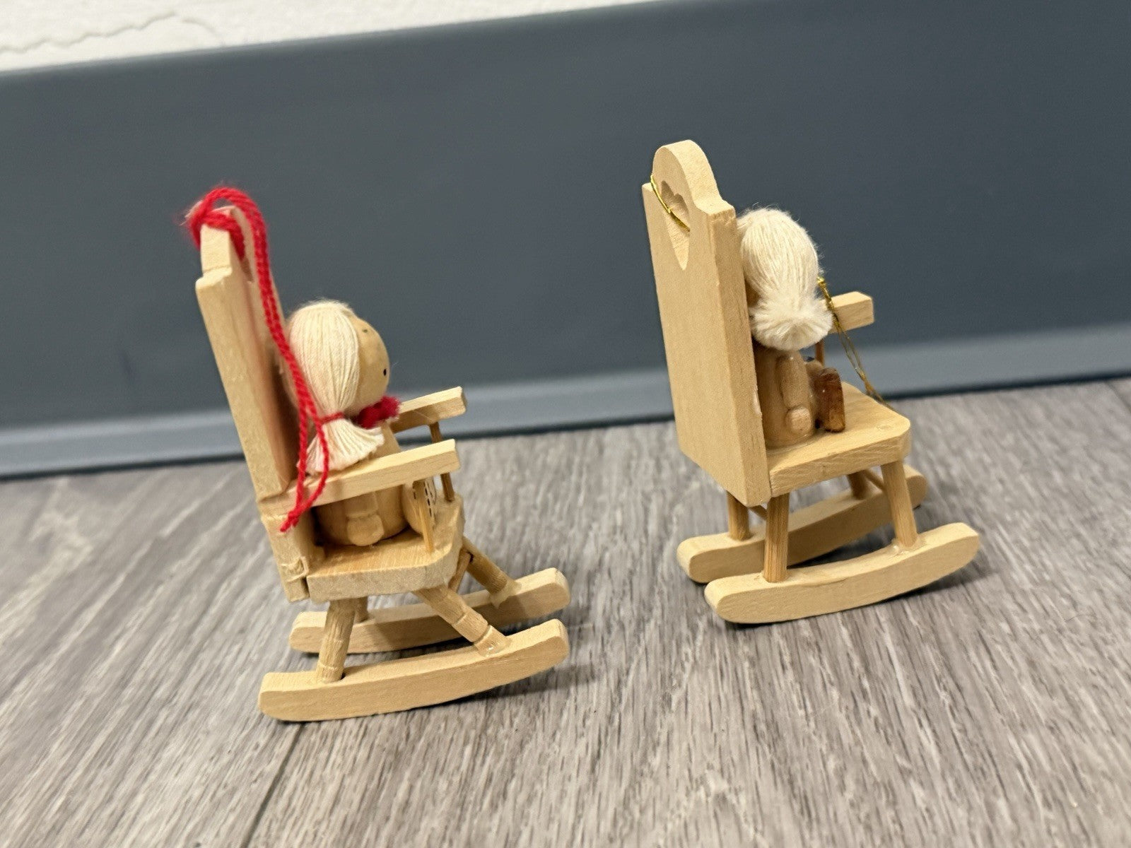 Vintage Set Of 2 Wooden Dolls Yarn Hair Girl Rocking Chair Ornaments One Broken