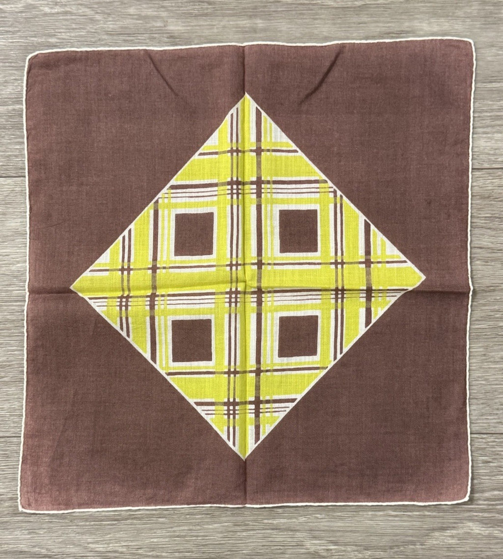 Vintage 1960s Mod Handkerchief W/ Geometric Pattern Bright Green & Brown Hanky