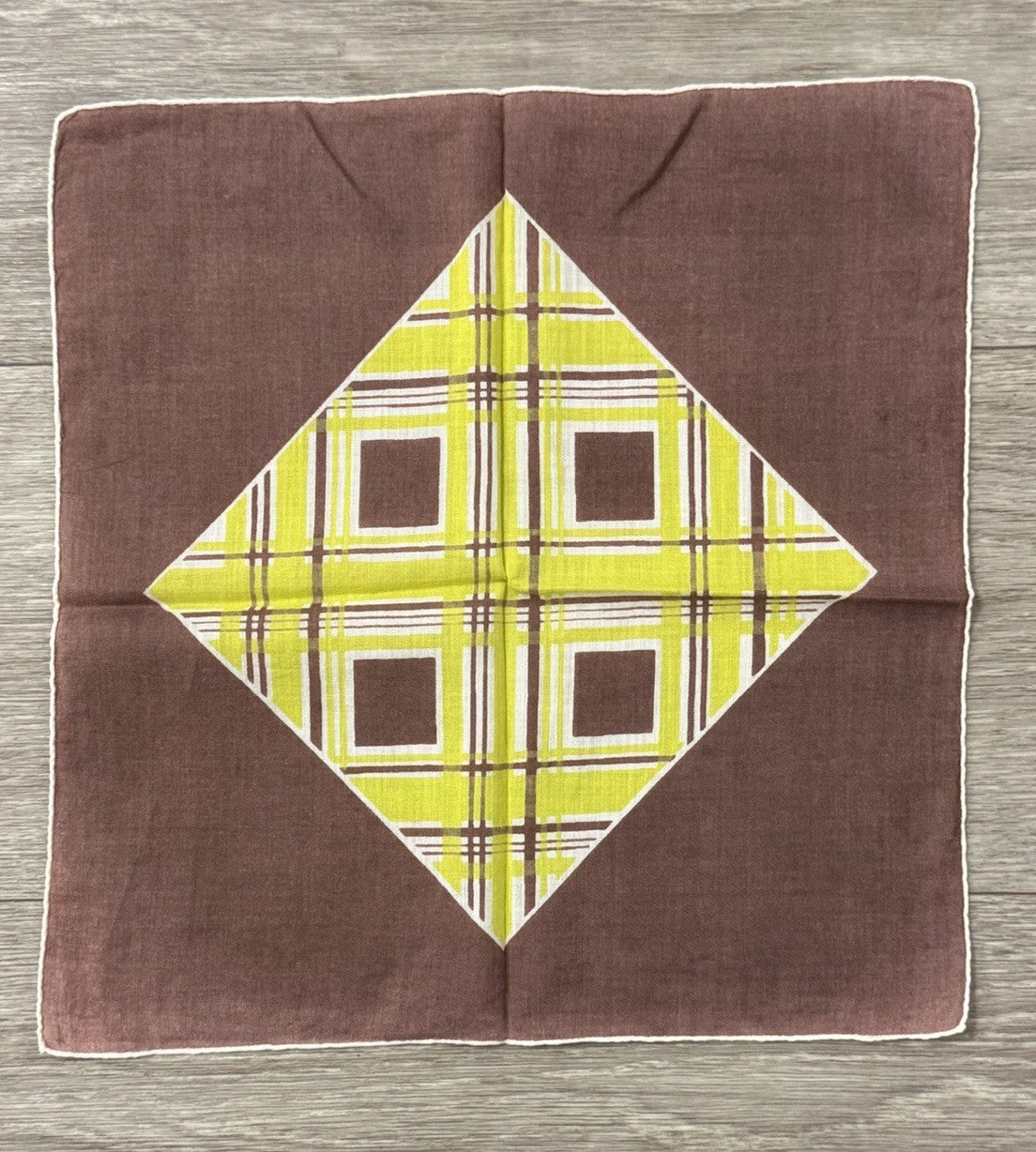 Vintage 1960s Mod Handkerchief W/ Geometric Pattern Bright Green & Brown Hanky