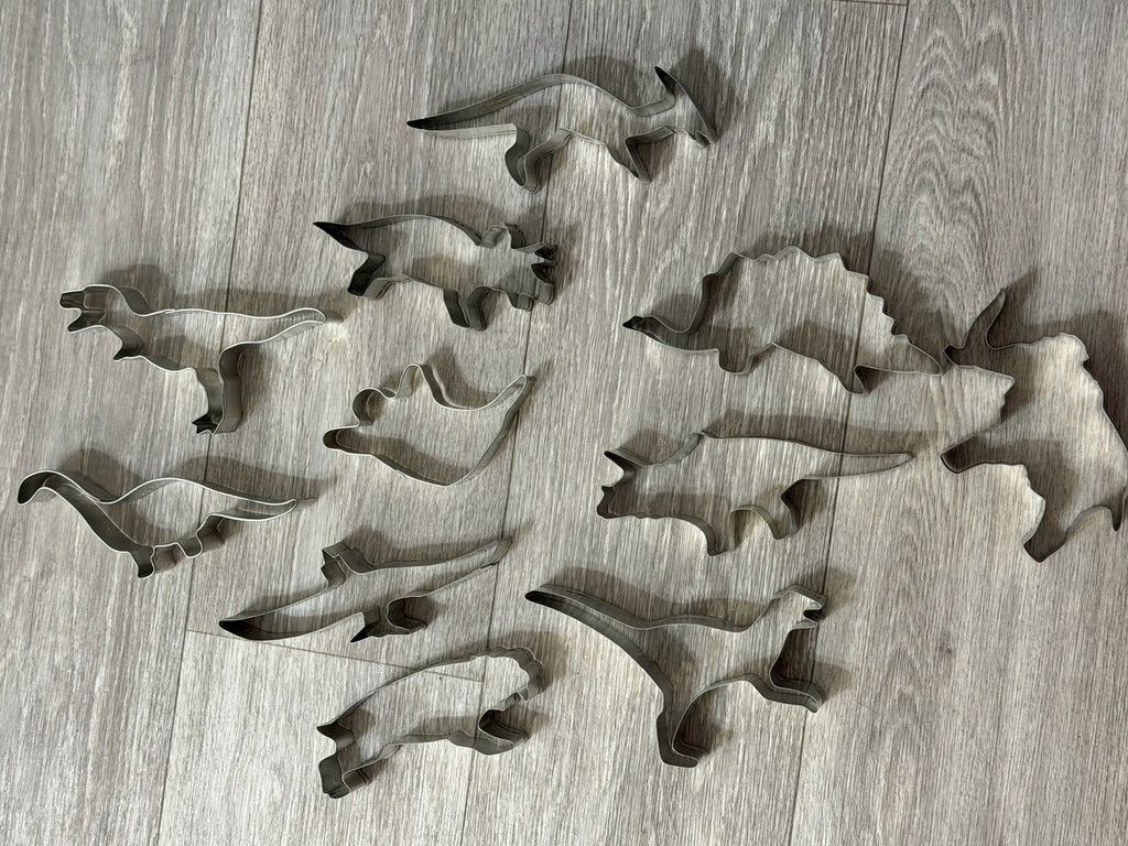 Vintage Cookie Cutters Dinosaur / Prehistoric + 1 Ghost Set of 11 4.5-6" Metal