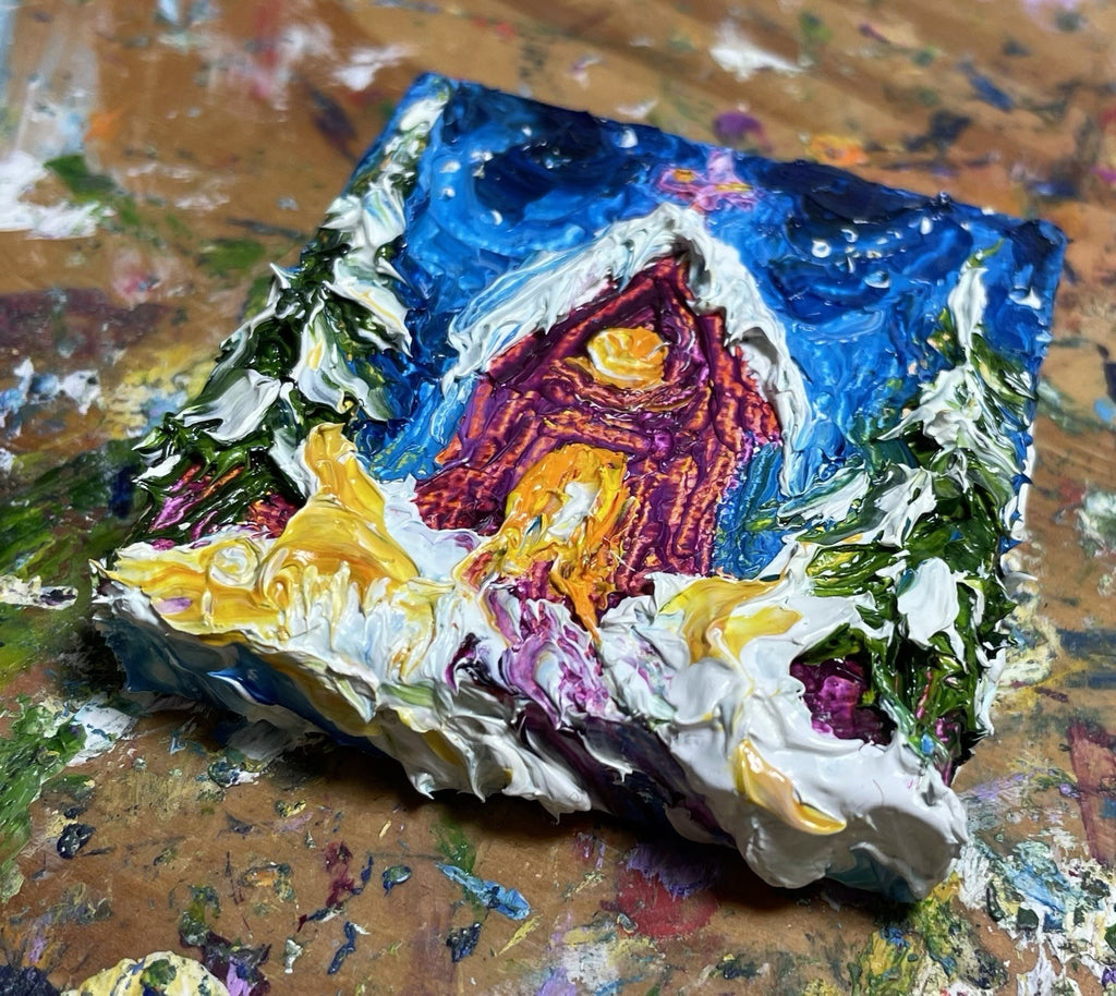 ‘Church In The wild Woods’ New mini oil painting original By Paris Llanso 2x2”
