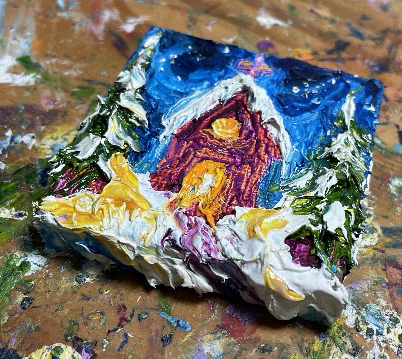 ‘Church In The wild Woods’ New mini oil painting original By Paris Llanso 2x2”